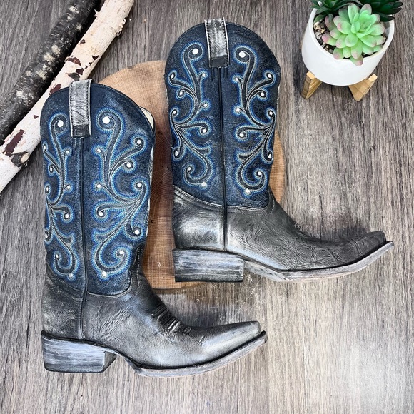 *Rockin Leather | Grey/Navy Western Distressed Leather Boots Size 6.5E - Picture 3 of 16